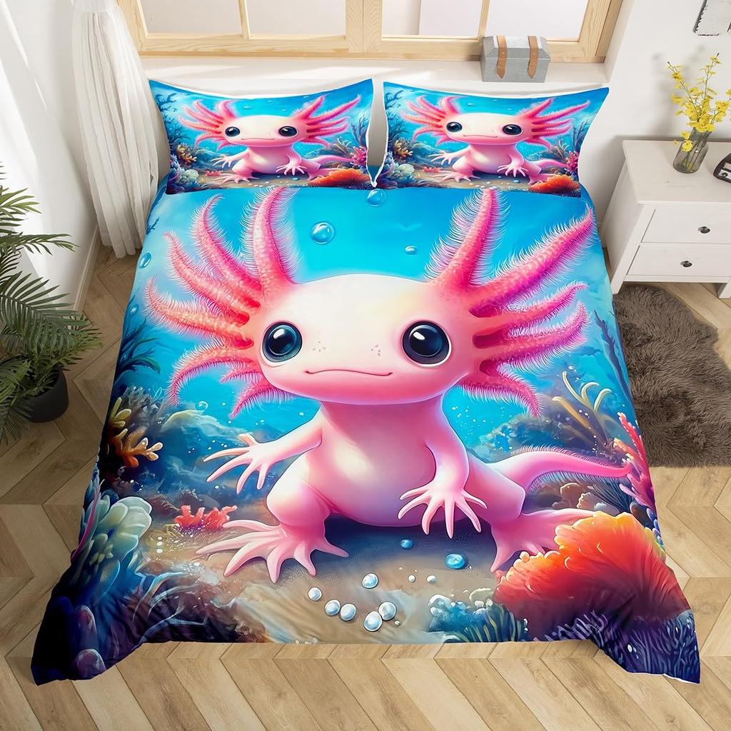 Comforter Kids Axolotl Full Kingcute Ocean Animal Bedding Set Marine Life Romantic Comforter Pink Coral Plant Bed