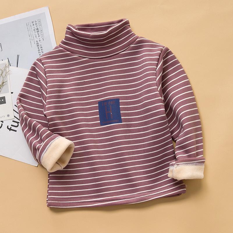 

2025 Детская модная полосатая бархатная водолазка - теплая с длинным рукавом для мальчиков и девочек (Осень зима) 120 cm