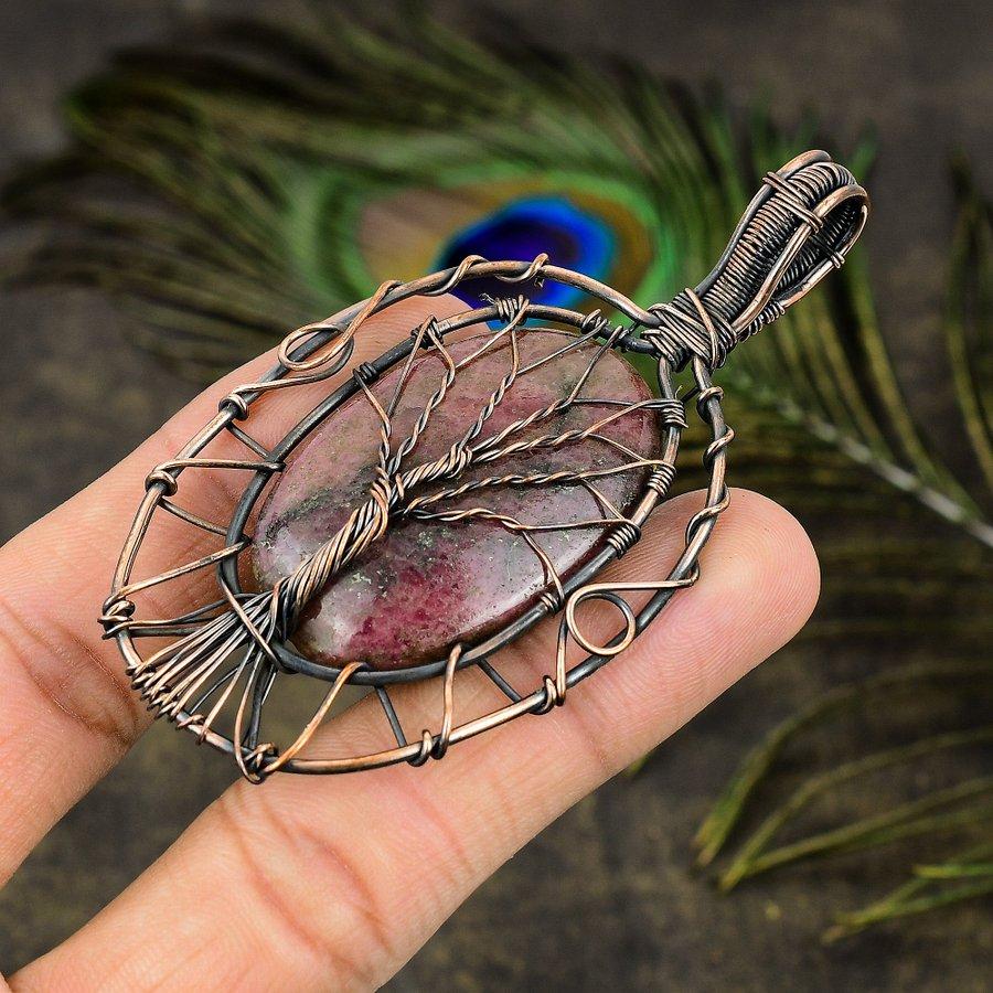 Rhodonite Gemstone Copper Wire Wrap Jewelry Pendant 3.23"