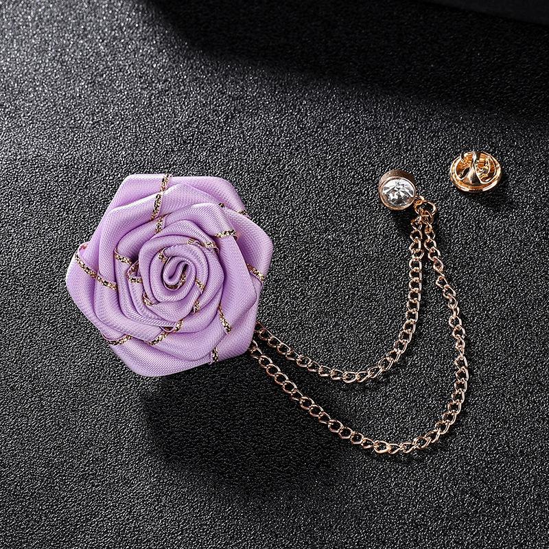 Men Wedding Brooches Cloth Art Handmade Rose Flower Brooch Lapel Pin Badge Tassel Chain Men'S Suit Accessories Groom Boutonniere