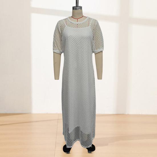 Women's Dress Cover Up Set Sleeveless Long Dress And Short Sleeve Knitted Hollow Cover Up