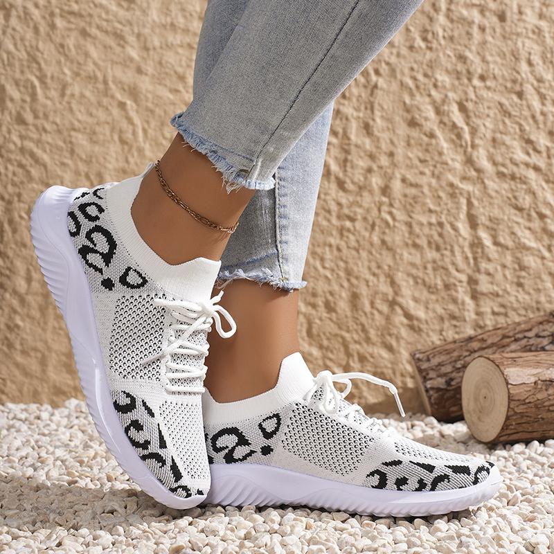 White Leopard Knitted Sneakers Women Autumn 2025 Slip On Plus Size Flats Woman Comfortable Breathable Mesh Casual Walking Shoes