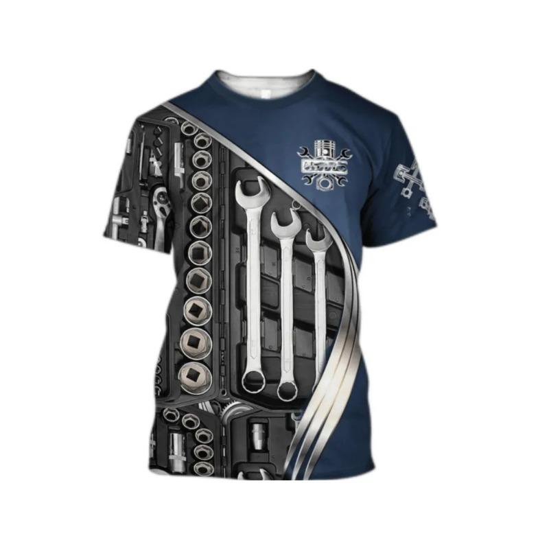 Summer Round Neck 3D Machine Tools Print Top Fashionable Casual Short Sleeved Men's T-shirts