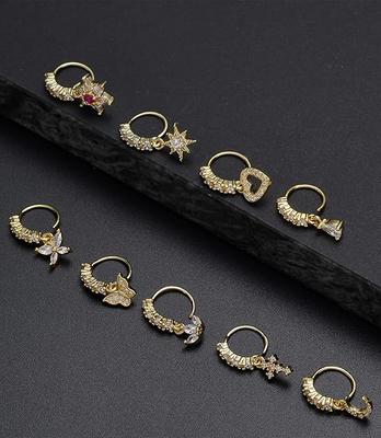 10Pcs Dangle Nose Rings Hoop Butterfly Heart Moon Flower Star CZ Cartilage Earring Dangling Nose Body Piercing Jewelry 20G