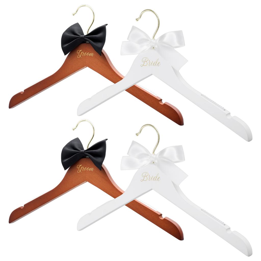 4Pcs clothes hangers Dress Hanger with Bow Pearl Bride Groom Gown Dress Tuxedo Suit  Anti Slip WoodenHanger Wedding Supplies