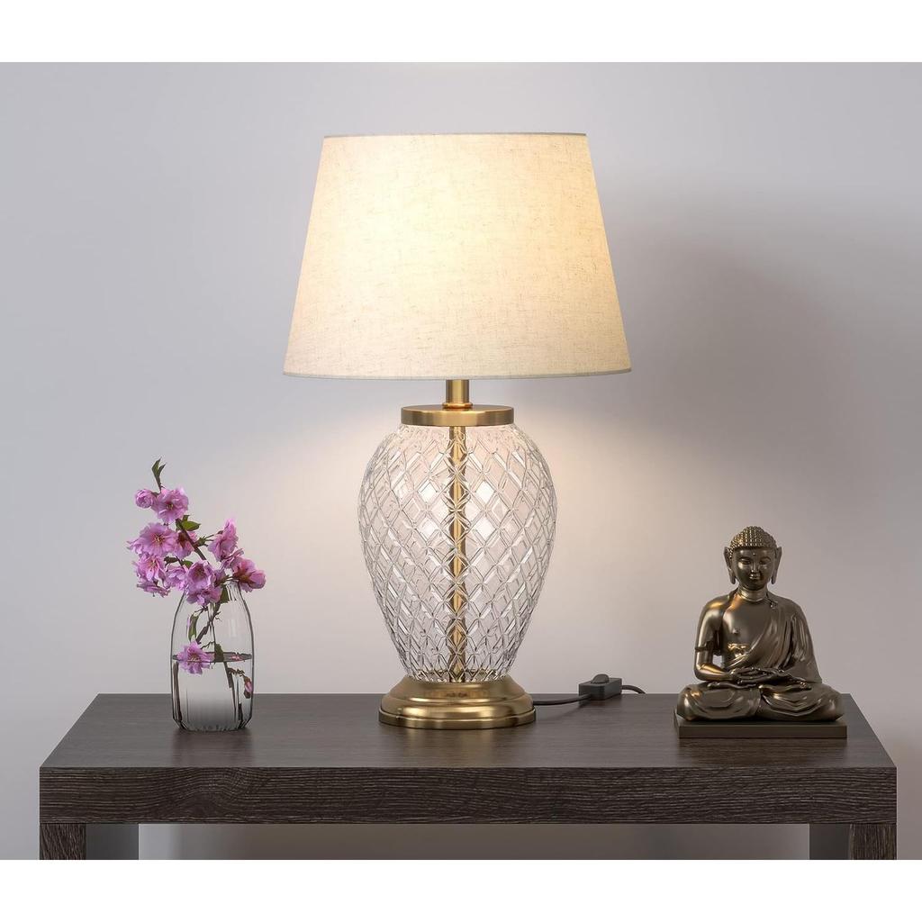 Diamond Cut Glass LED, Incandescant, CFL, Smart Bulbs Table Lamp Brass Antique Finish 19 Inches Height Off White 12 Inches Lamp Shade Pack Of 1