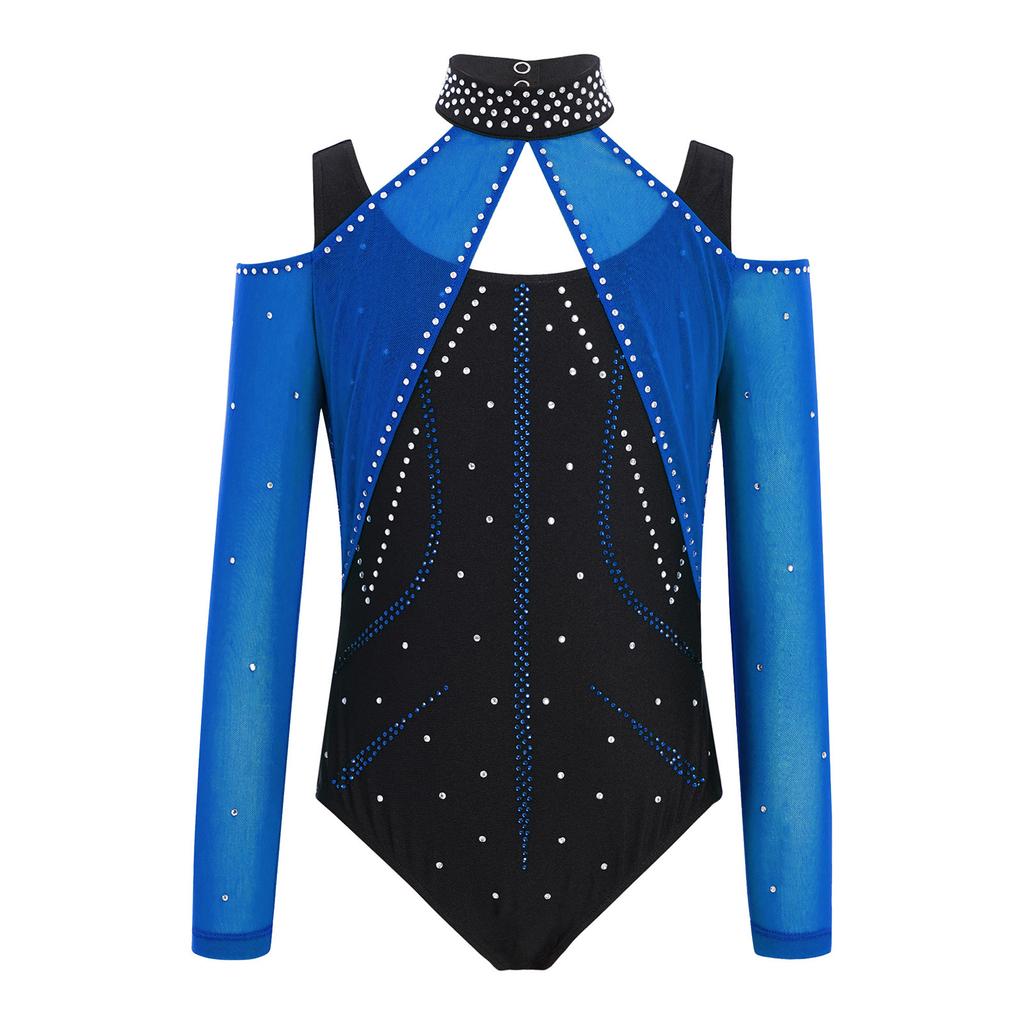 Kombinezon Gimnastyczny dla Dziewcząt Wycięcia Siateczkowe Patchwork Błyszczące Cyrkonie Color Block Body Baletowe