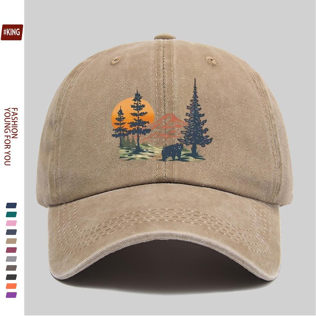 Mountain Bear Sunset Graphic Washed Cotton Baseball Cap Outdoor Adjustable Snapback Hat