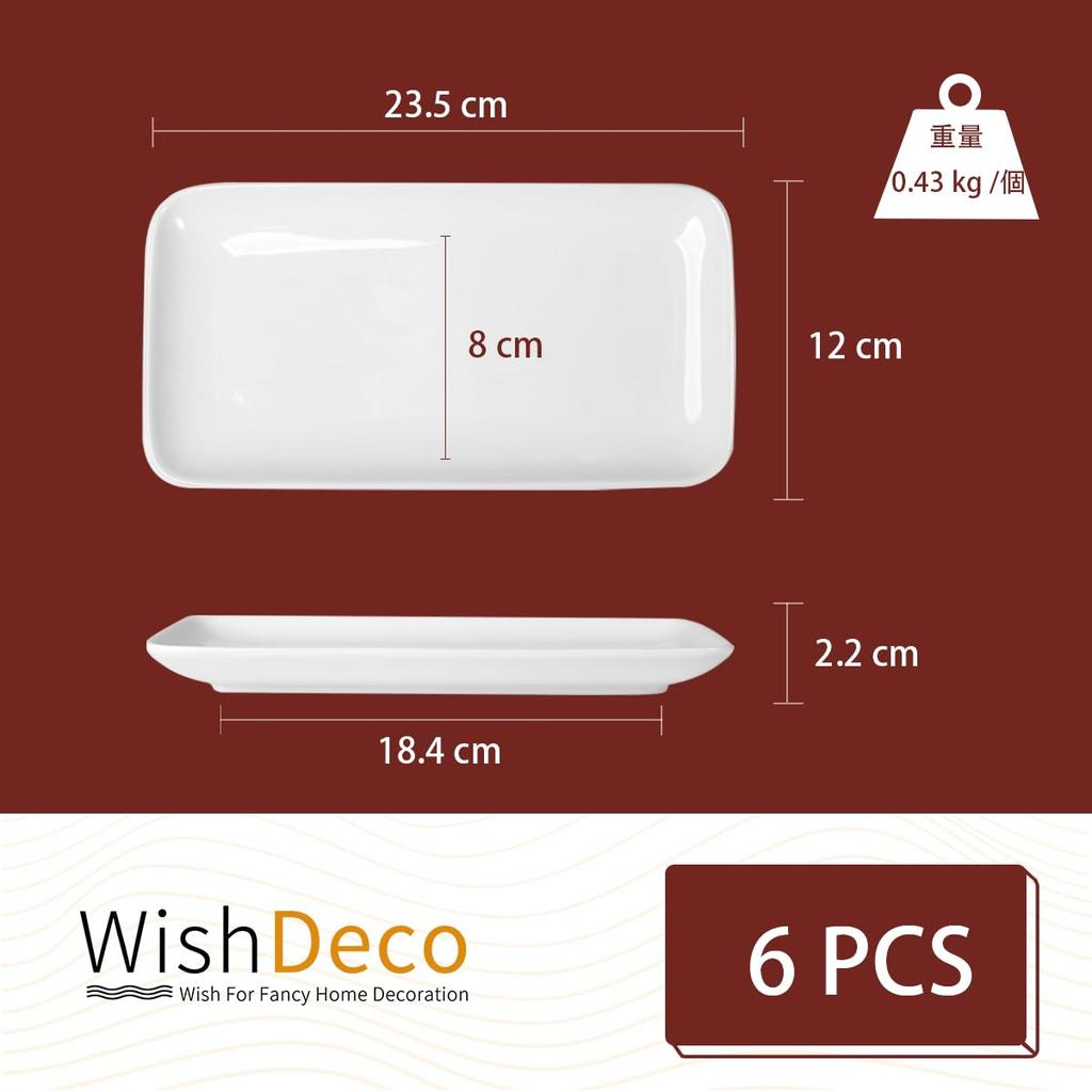 WishDeco Set of 6 Rectangular Plates, 23 X 12 Cm, Suitable for Grilled Fish, Sushi, and Other Oven-Safe Dishes, White, Microwave Safe