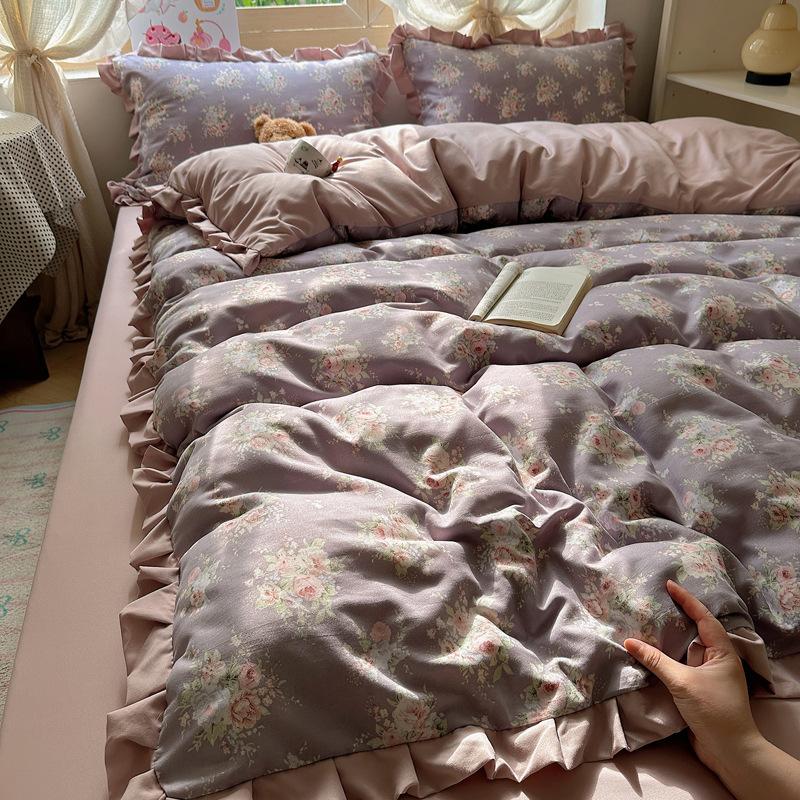 

Комплект постільної білизни з подвійної пряжі з мереживом, Приємний до шкіри, Дихаючий та Комфортний, Прані простирадла, Підковдри, Наволочки, Комплекти 1.5m bed