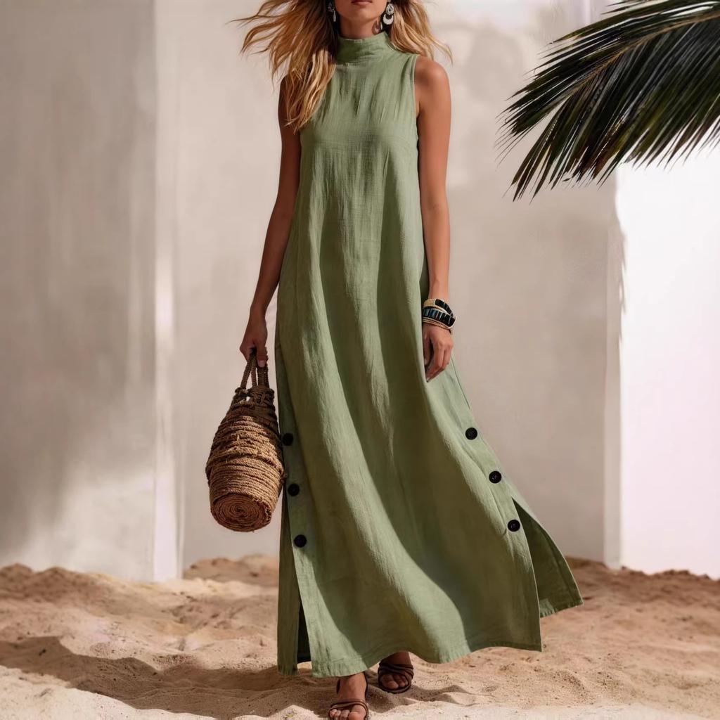 Vestido Largo sin Mangas de Cuello Alto para Mujer Abertura Lateral con Botones Color Sólido Casual Holgado
