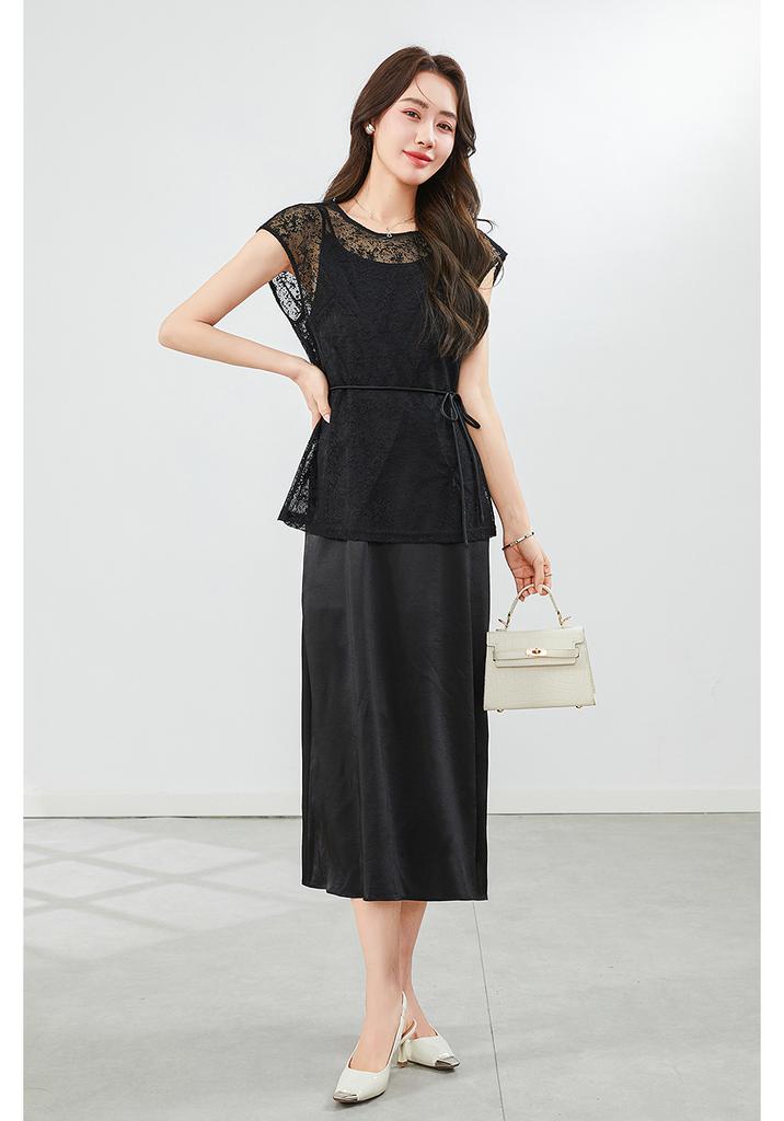 Summer New Style Fashion Style Lace Irregular Waist Sleeveless Two piece Dress Set