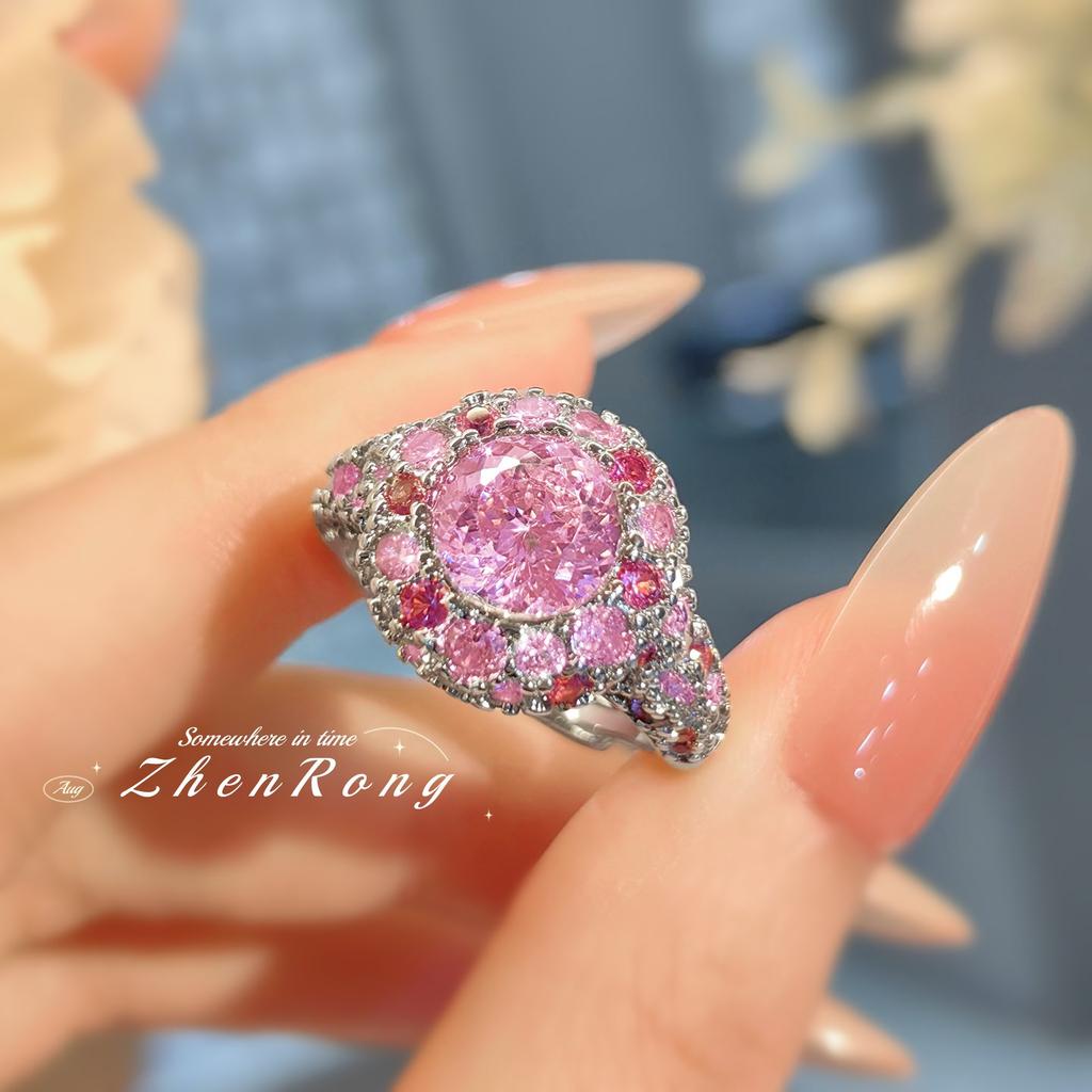 Bird‑Nest Cut Full‑Pavé Ring Royal‑Style Rose Gradient Pink Zircon Medieval Old‑Money Super Sparkling Starry Decor Finger Ring