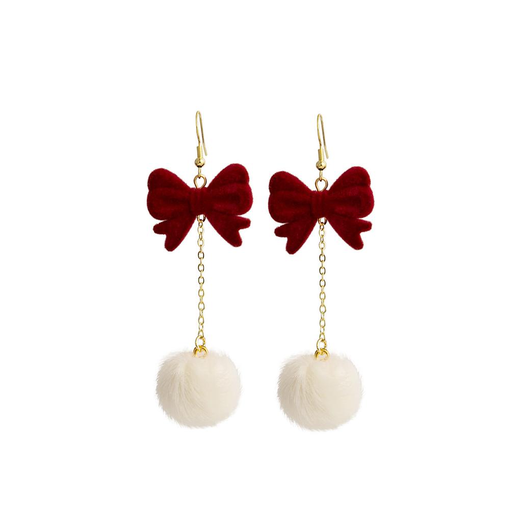 Retro French Red Bow Flocked Earrings Hairball Tassel Long Pendant Light Luxury Small Fragrant Stud Earrings