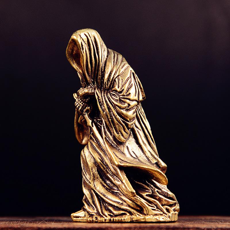 Statua Santa Muerte in Ottone, Statuetta del Mietitore in Piedi con Falce, Decorazione per Altare Religioso, Ornamento Gotico per la Casa di Halloween