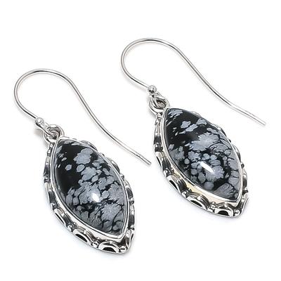 Natural Snowflake Obsidian Gemstone 925 Solid Sterling Silver Earring 1.50" N0s03