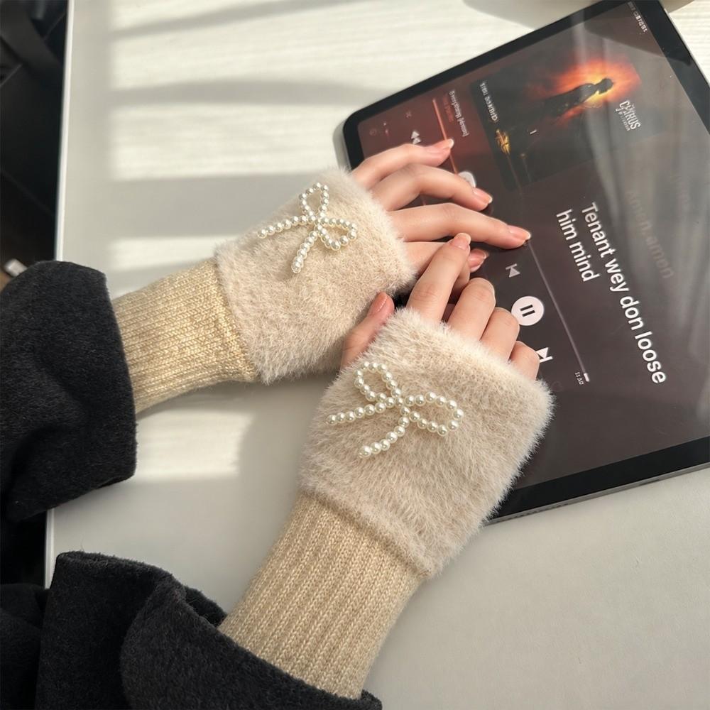 Pearl Bowknot Winter Fingerless Gloves Thickened Bow Gloves Softo= Wrist Sleeves Winter