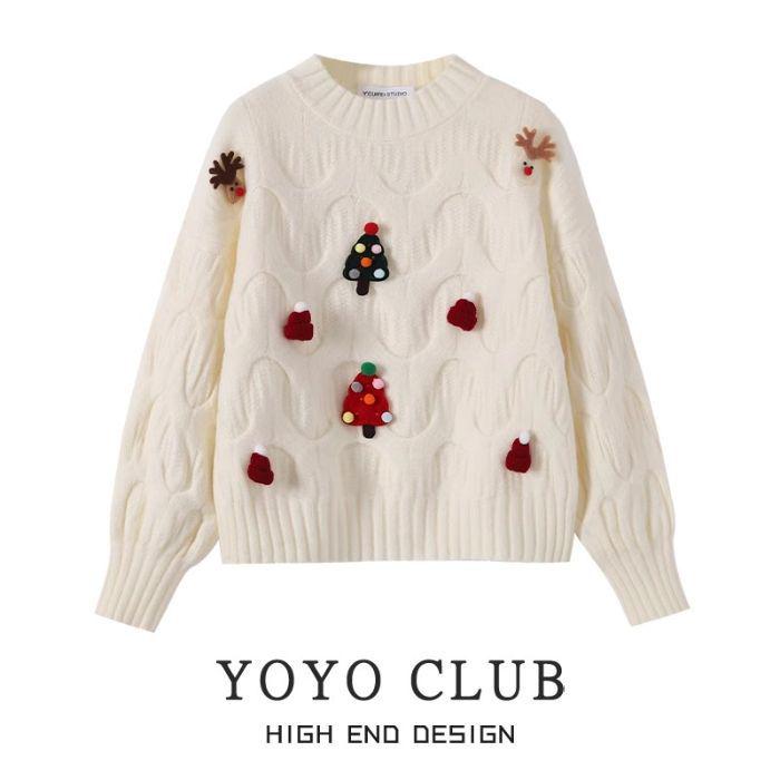 

Свитер из мериносовой шерсти рождественской серии с круглым вырезом: Повседневный, Свободный, Модный топ для женщин One Size кремовый/белый