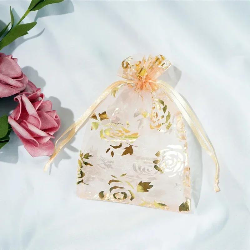 50piece Gold Stamp Rose Pattern Gauze Bag Colorful Pull Rope Self Sealing Storage Bags Candy Gift Accessory Package Jewelry Pouc