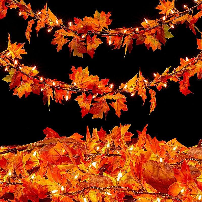Thanksgiving Decorations for Home 9FT Plug in Thanksgiving Garland with Lights 50 Orange Bulbs UL Listed Connectable Lighted Fall Garland for Indoor 1 Pack