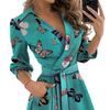 Lady Petticoats Plus Size Women Dress Butterfly Print V Neck Lace Up Long Sleeve Evening Dress for Banquet