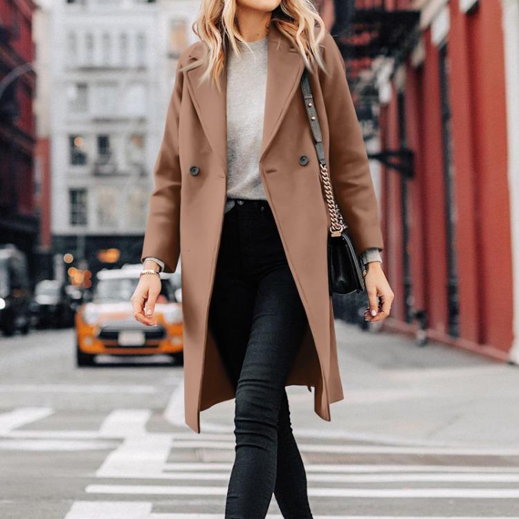 

Женское повседневное однобортное шерстяное пальто-пикот с лацканами с вырезом S хаки