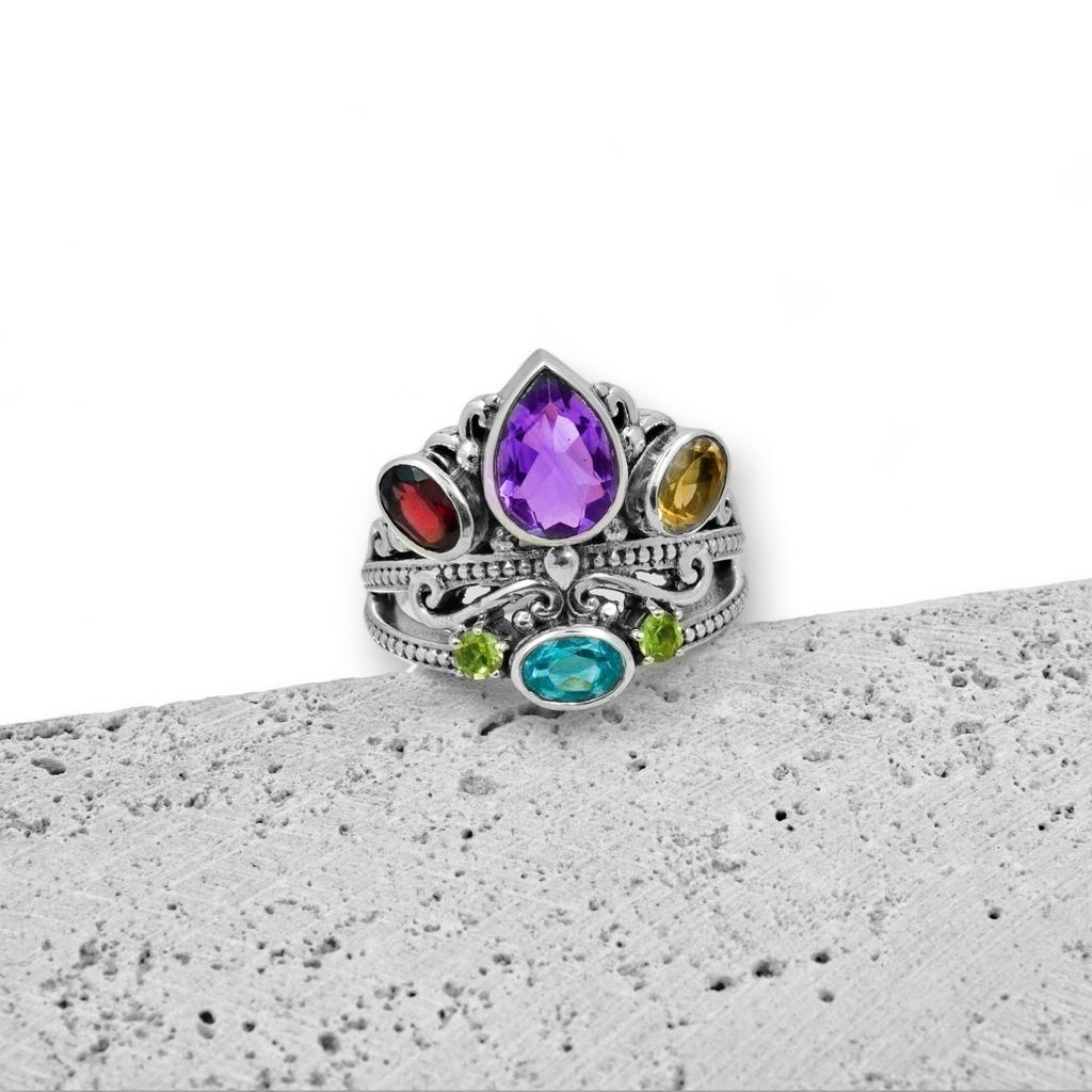 Multi-Gemstone Crown Ring: 925 Sterling Silver
