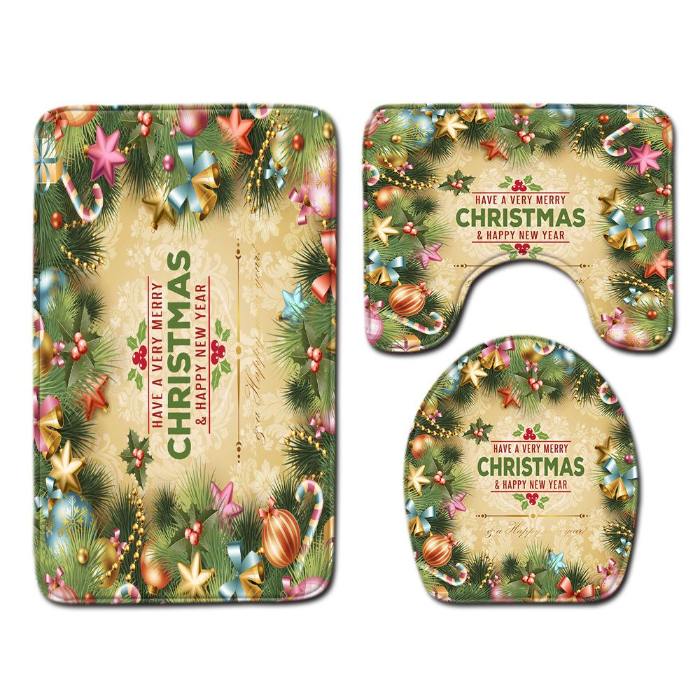 Christmas Home Shower Curtain Waterproof Polyester Cloth Toilet Floor Mat Four-Piece Set Entrance Door Mat Bedroom Living Room Carpet