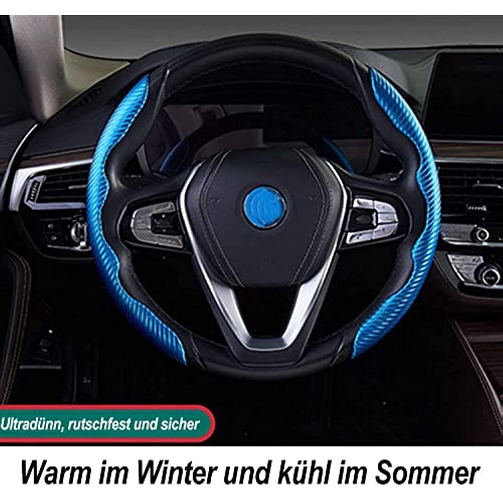 Car Steering Wheel Cover Carbon Fibre Non-Slip Universal All Models Suitable For Four Seasons With Knitted Central Marking (T-Black)
