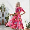 Floral Print Women Summer Dress Belted V Neck Short Sleeve Wrinkle Free