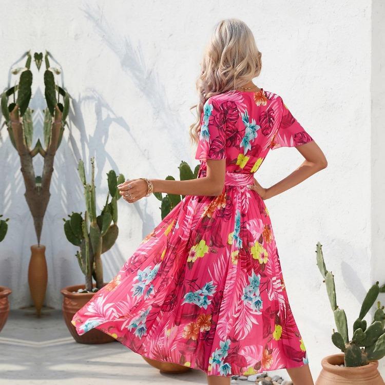 Floral Print Women Summer Dress Belted V Neck Short Sleeve Wrinkle Free