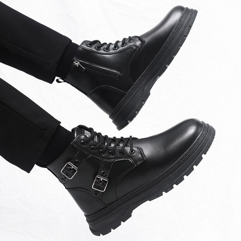 Large Size Black Martin Boots Men's Tooling Boots Outdoor Trendy Shoes Medium Top Leather Boots Men's Autumn Casual