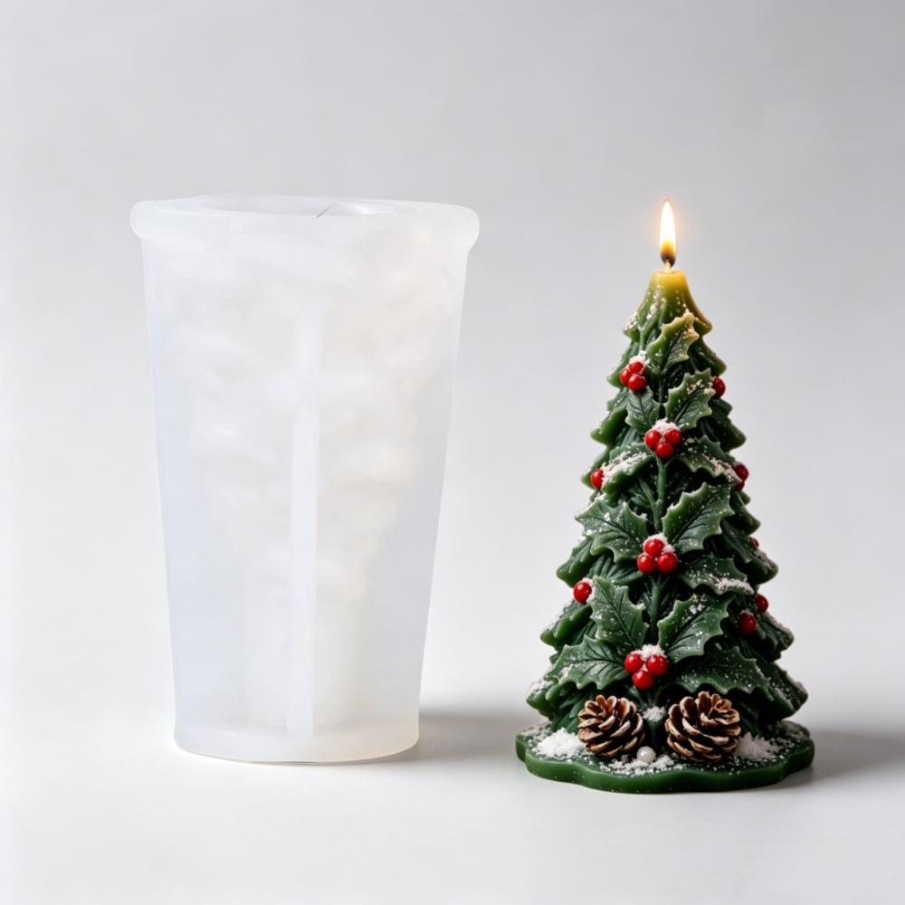 Christmas Holly Embossed Candle Mold for DIY Christmas Tree Candle Making, Silicone Resin Mold, Holiday Home Decor Craft Supplies