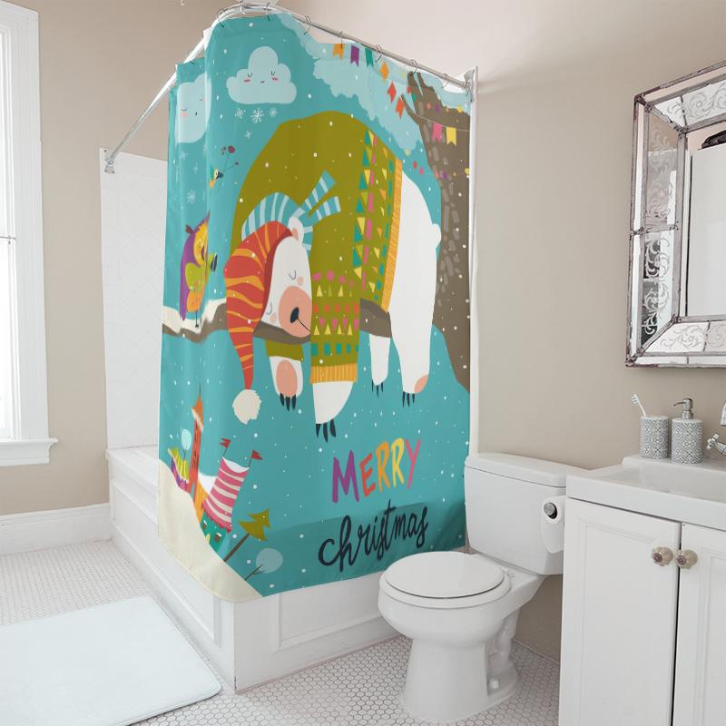 TU Cute Christmas Penguin Shower Curtain Holiday Waterproof Bathroom Decor Festive Winter Holiday Home Decoration Gift