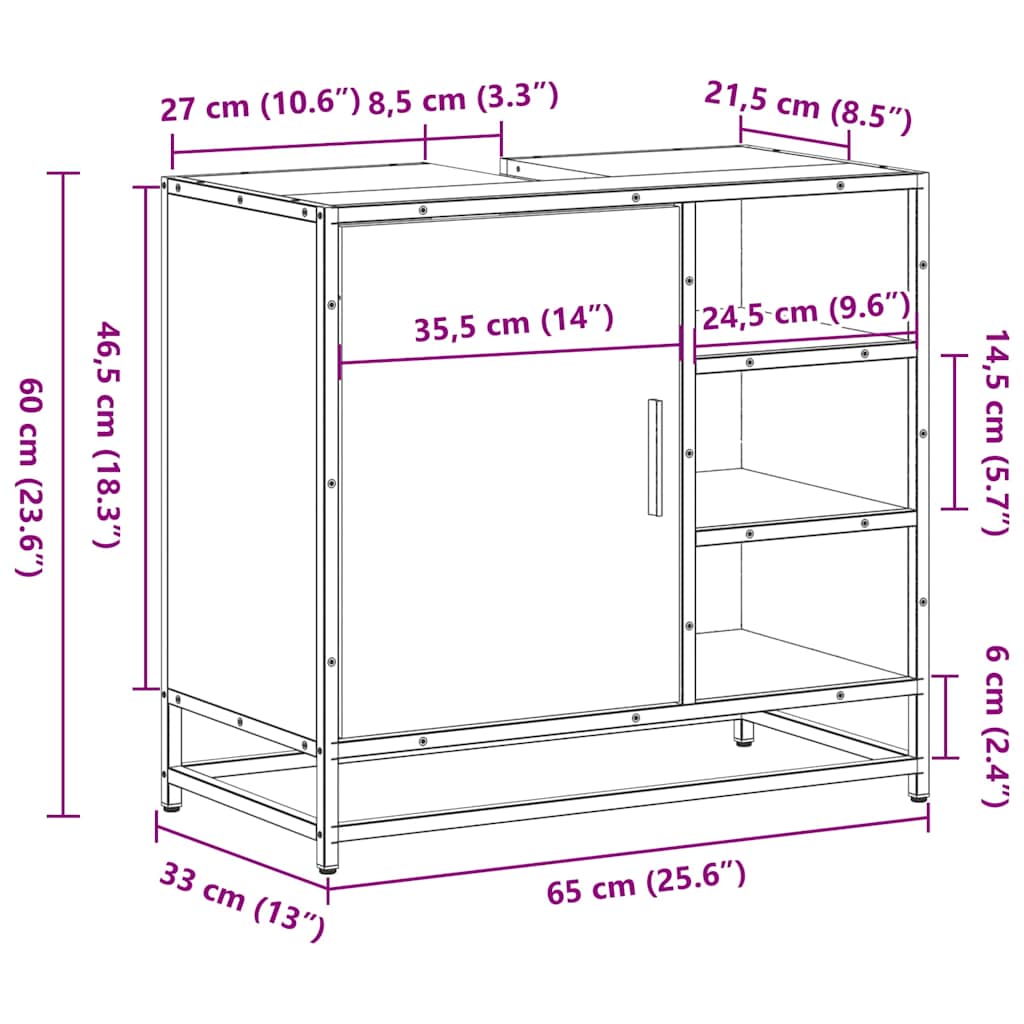 Bathroom Vanity Unit In Smoked Oak Finish 65 X 33 X 60 Cm Engineered Wood