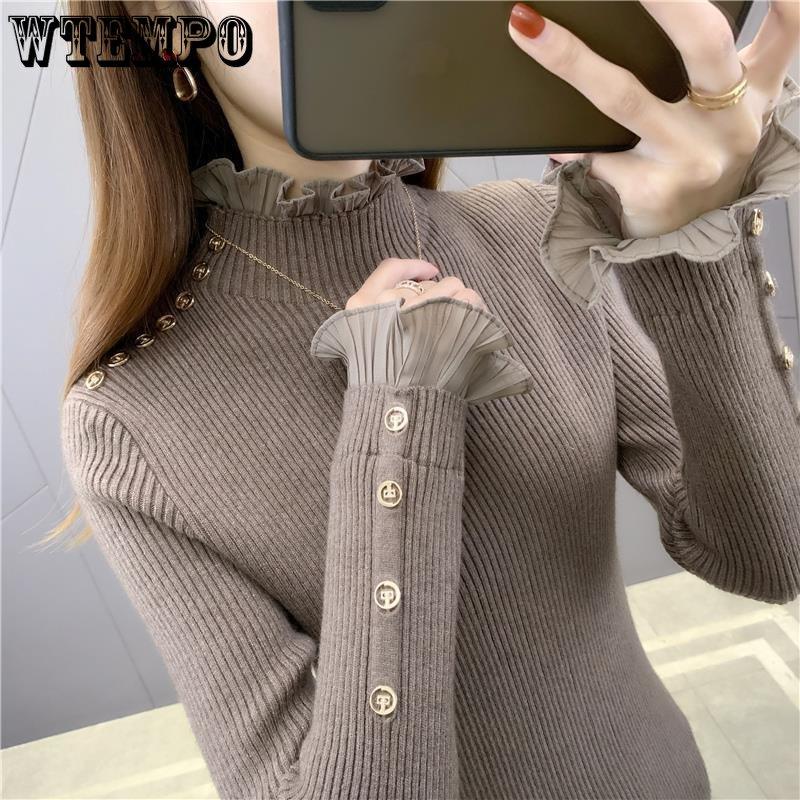 

Сплошной цвет, свитер принцессы с рукавами и оборками, женская одежда, осенние повседневные вязаные пуловеры, универсальные милые топы