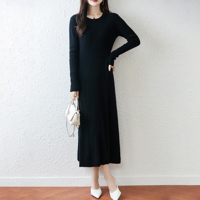 Women's Autumn/Winter Long Slimming Cashmere Wool Dress - French Round Neck Over-the-Knee Style