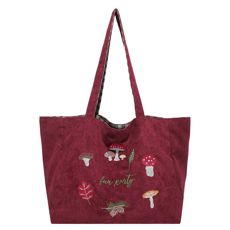 Mushroom Embroidered Shoulder Messenger Bag Corduroy Plaid Double-sided Bag Autumn and Winter New Retro Student Class Bag