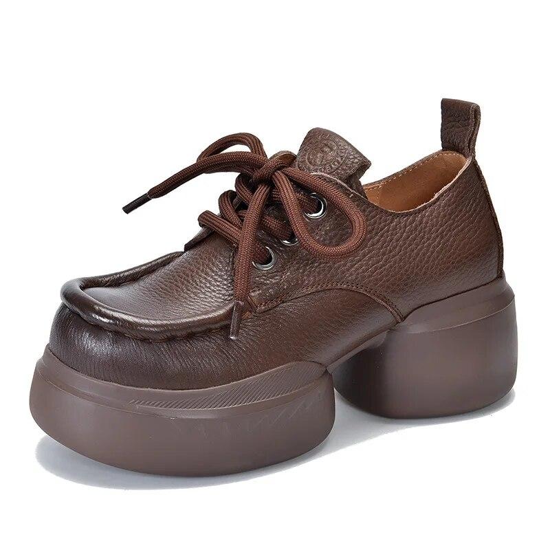 

Johnature туфли-лодочки на толстой подошве, универсальная женская обувь из натуральной кожи в стиле ретро, ​​туфли на высоком каблуке с круглым носком на платформе 39 коричневый