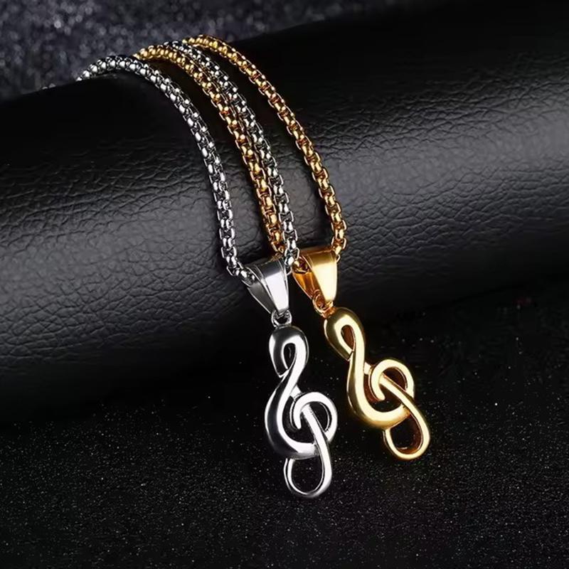 Hip Hop Rock Music Notation Pendant Necklace For Men Gold Color Stainless Steel Box Chain Ins Fashion Simple Women Jewerly Gifts