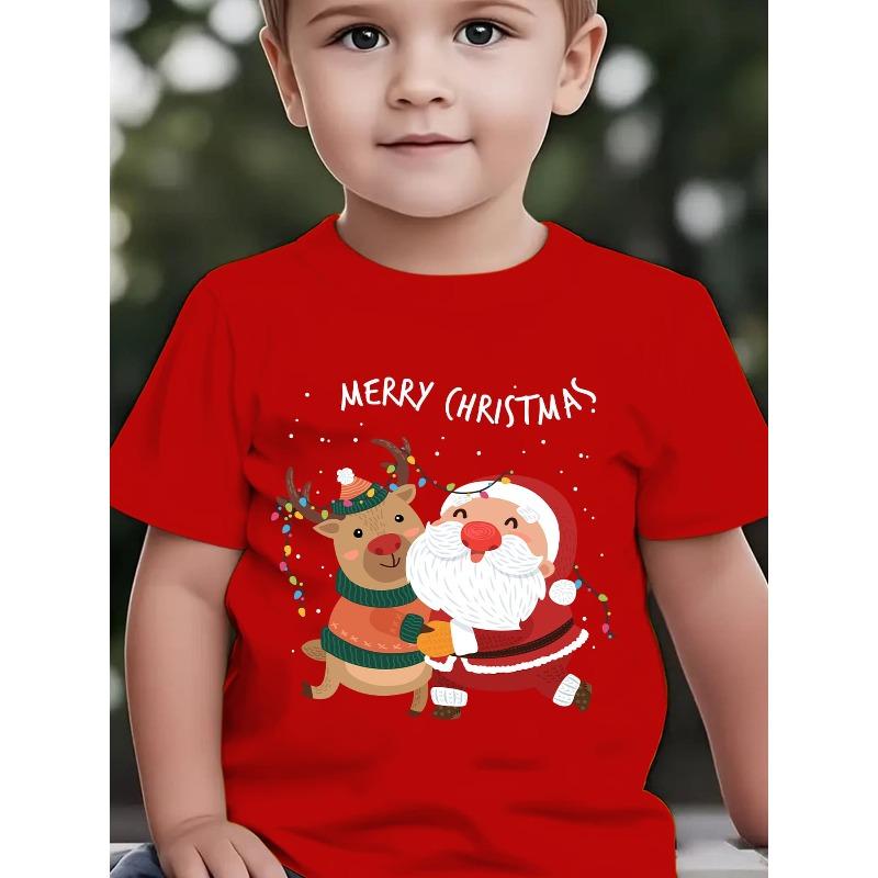 Summer Fashion Short-Sleeve Shirt for Boys with a Merry Christmas Design And Cartoon Print Perfect for Outdoor Casual Wear