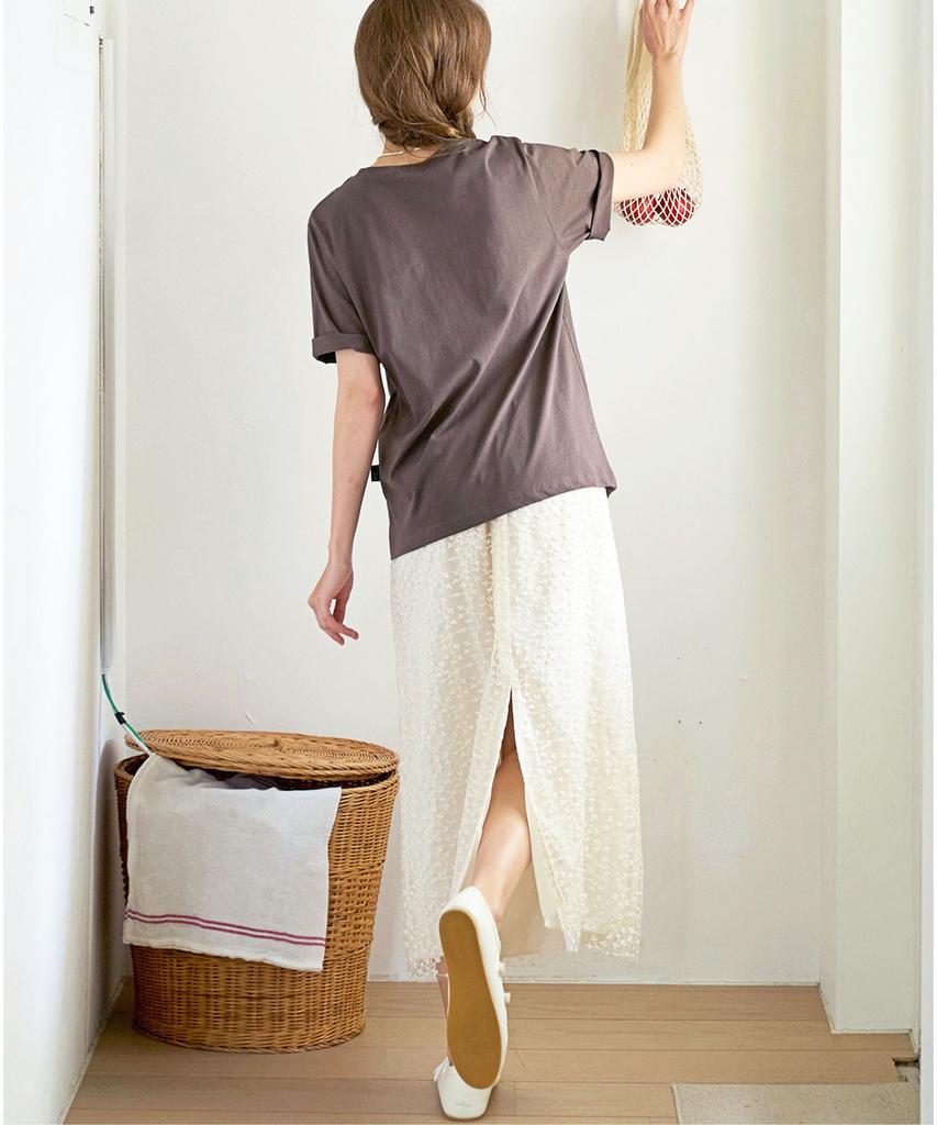 SLOWLOLLI Floral Chiffon Shirring Long Skirt - Cream