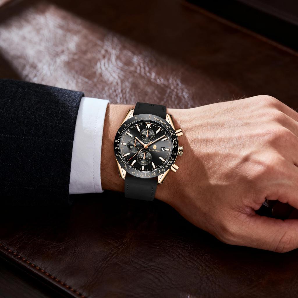 BY BENYAR Watch Chronograph Analog Watch 50M Water Resistant Business Simple Stylish Popular Formal Leather Strap Quartz Watch Gift for Men Black