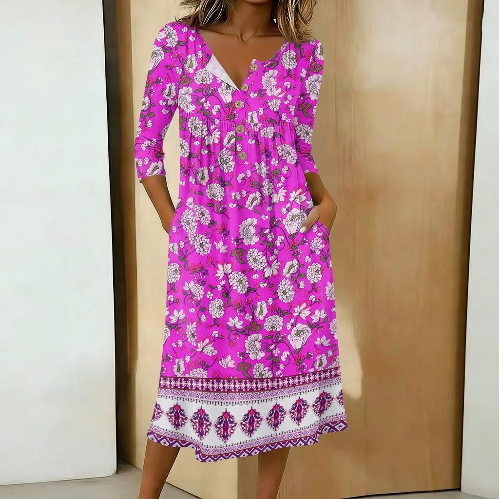 Rochie casual de damă la modă, cu imprimeu colorat, gât rotund, mânecă 3/4, guler cu nasturi, lungime medie