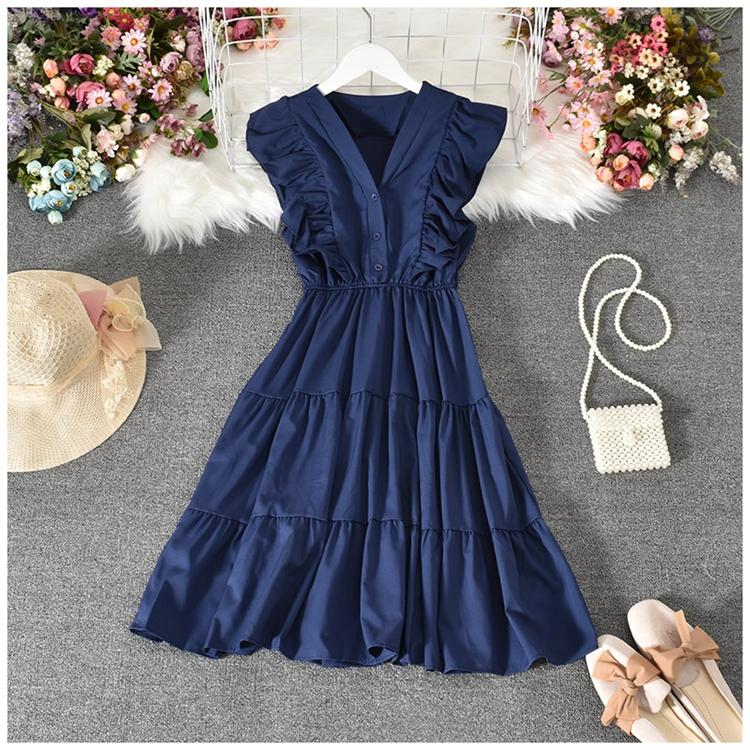 

Модное женское платье с рюшами, милое плиссированное платье без рукавов с v-образным вырезом, повседневное летнее платье, Vestidos Mean code синий