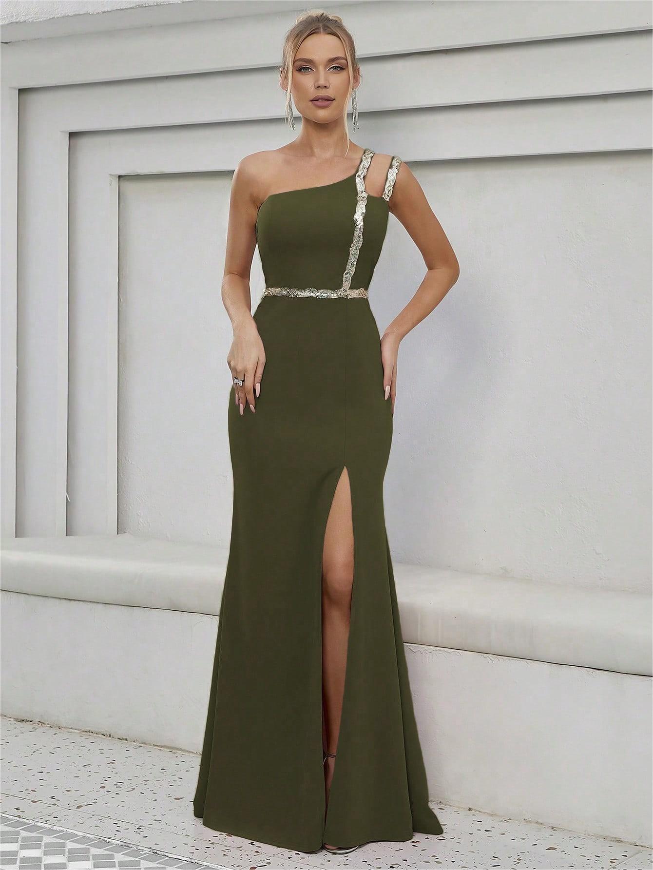 

Elegant One-Shoulder Evening Dress with Metal Woven Belt and Slit L армія зелений колір
