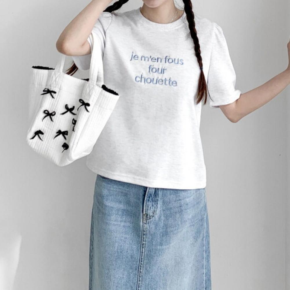 New Arrivals Open Run Embroidered Puff ShorT Sleeve T shirT Slim Round kiTsch