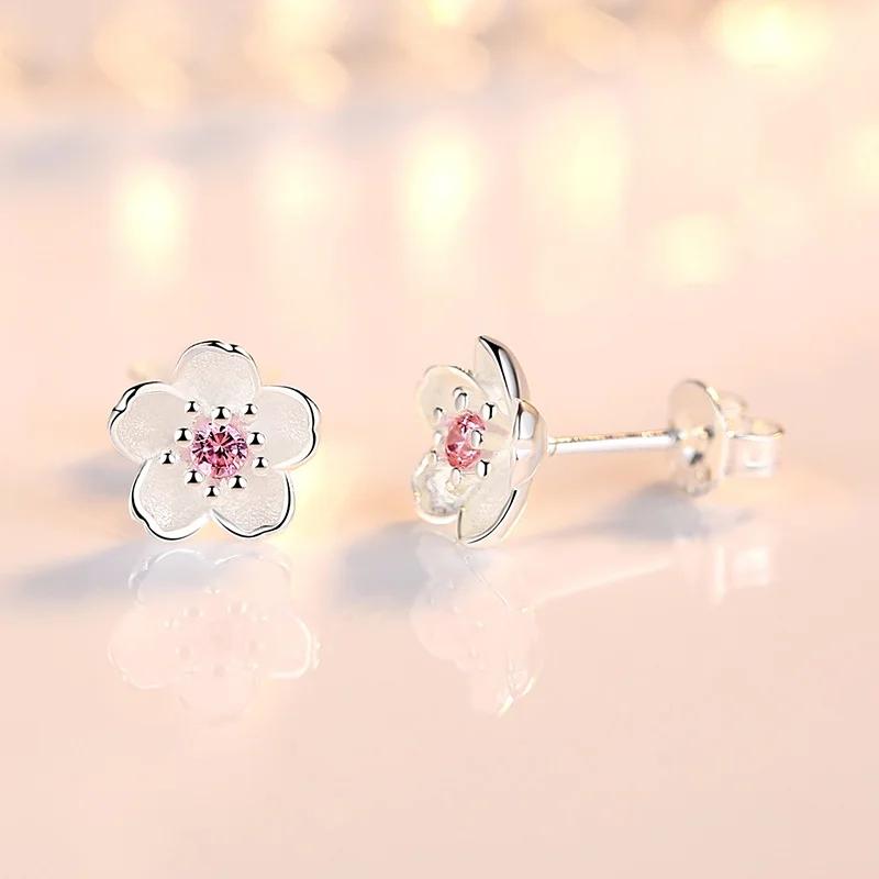 Real 925 Sterling Copper Fashion Fungus Ornaments Romantic Cherry Small Clean Earrings Pink Purple Luxury Zircon for Women Girl
