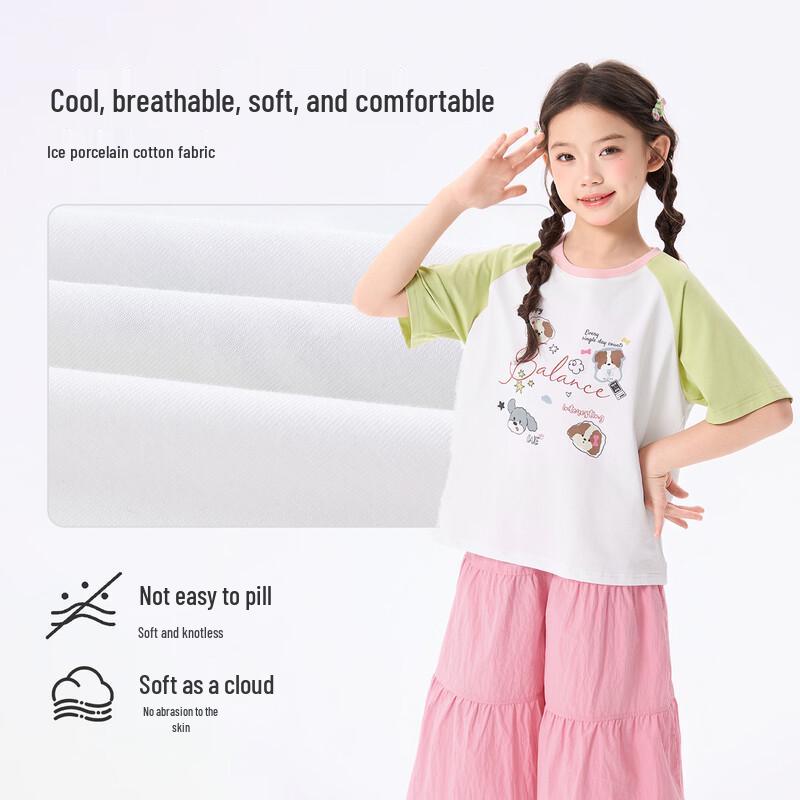 Xiaoyinman Girls' Cartoon Print Color Block Short Sleeve T-Shirt