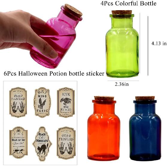 Halloween Glass Potion Bottle,4 Set of Apothecary Bottles with 8pcs Halloween Labels Stickers,Colorful Glass Decorative Jar, Corked Bottle, Halloween
